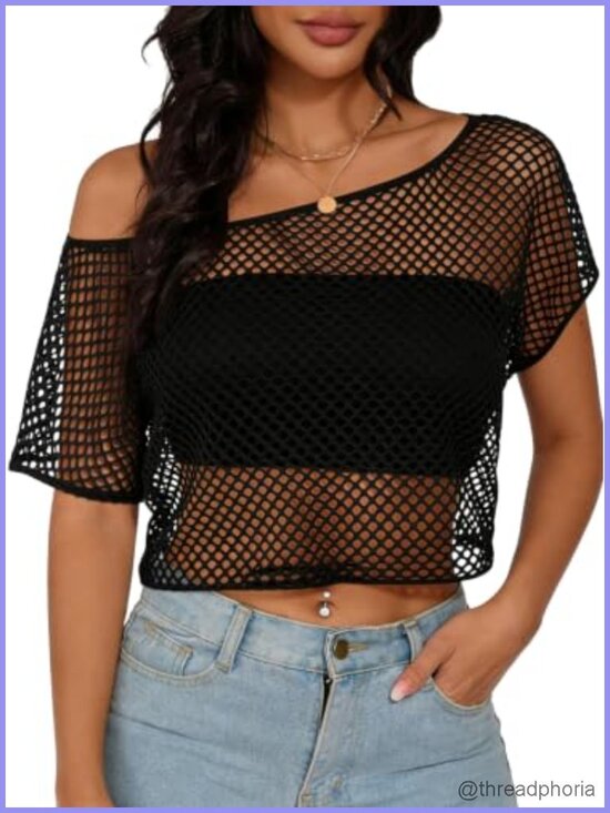 Tops - Sheer Mesh Fishnet Crop Top Off Shoulder Short Sleeve Layering Tee Party
